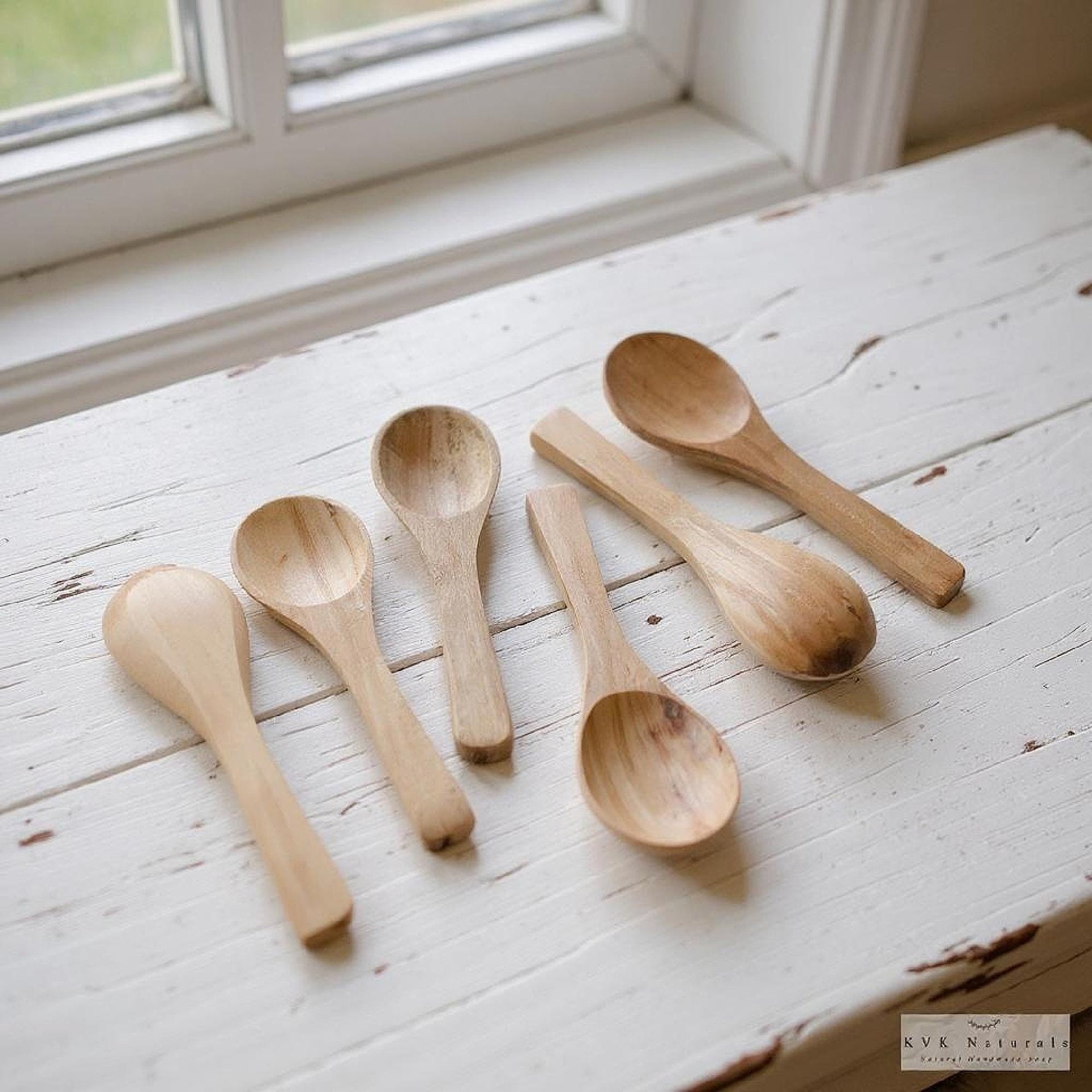 Hand Carved Beech Wood Bath Salt Spoon - 3.5" Small Wooden Spoon